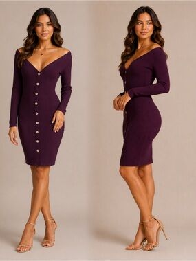 Off-Shoulder Ribbed Button-Front Bodycon Dress in Plum